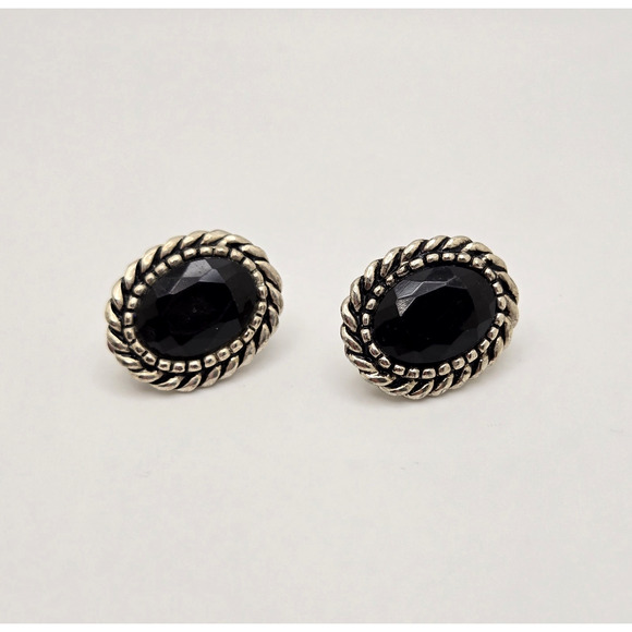 Vintage Earrings Black Oval Lucite Stone Chunky Silvertone Clip On Retro Classic - Picture 4 of 12